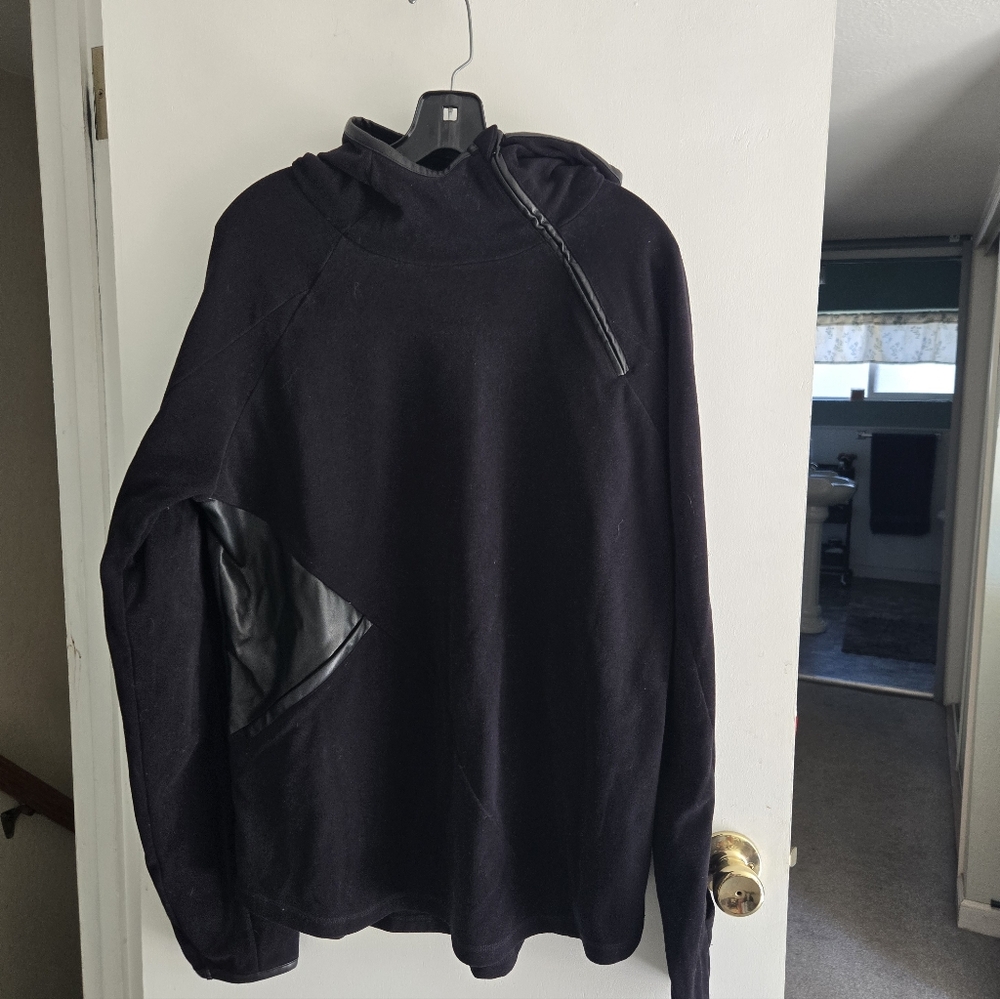 Black Women's Hooded Sweatshirt with Faux Leather Accent
